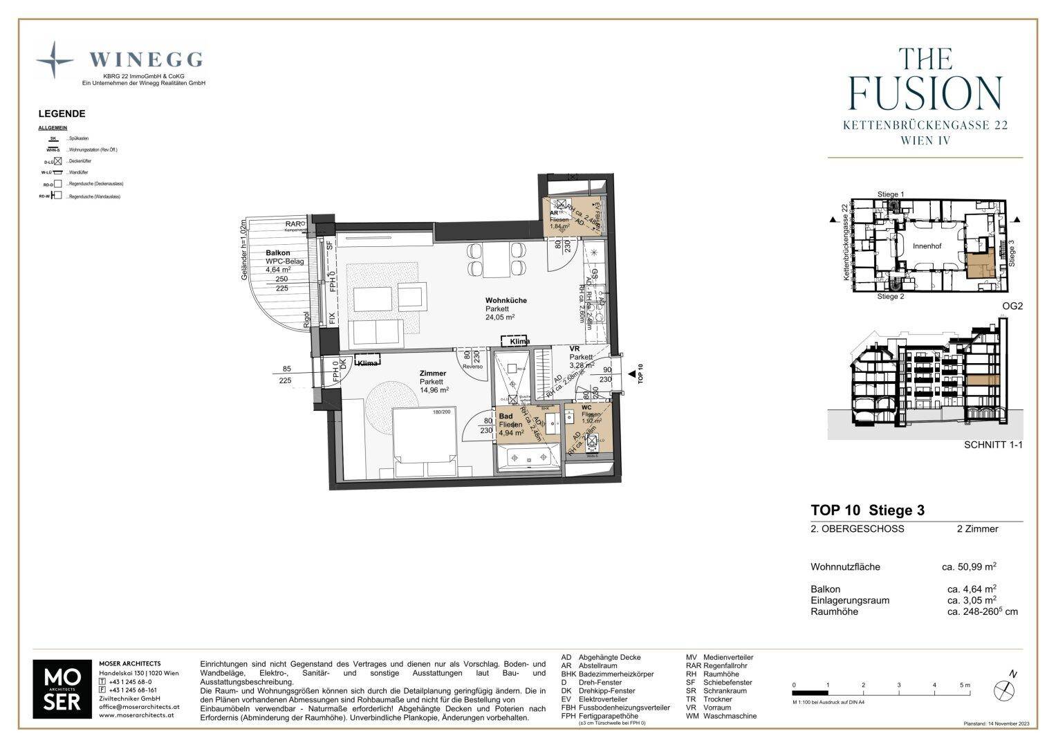 Grundriss einer 2-Zimmer-Wohnung im Obergeschoss mit Balkon und offener Wohnküche.