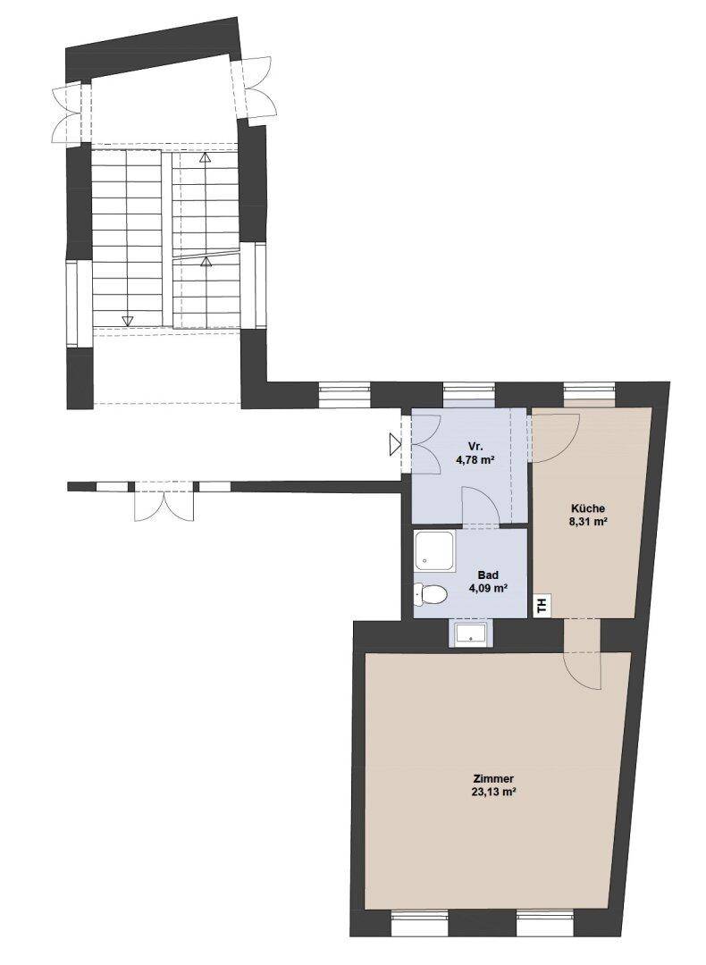 Grundriss einer Wohnung mit Zimmer, Küche und Bad, inklusive Treppenhaus.