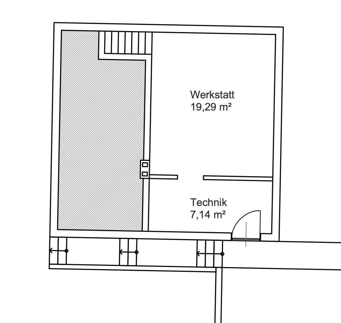 Grundriss des Kellergeschosses mit Werkstatt und Technikraum.