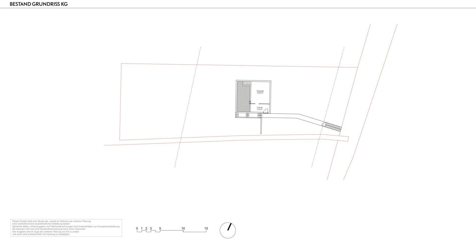 Grundriss des Kellergeschosses mit Treppe und einem Raum.