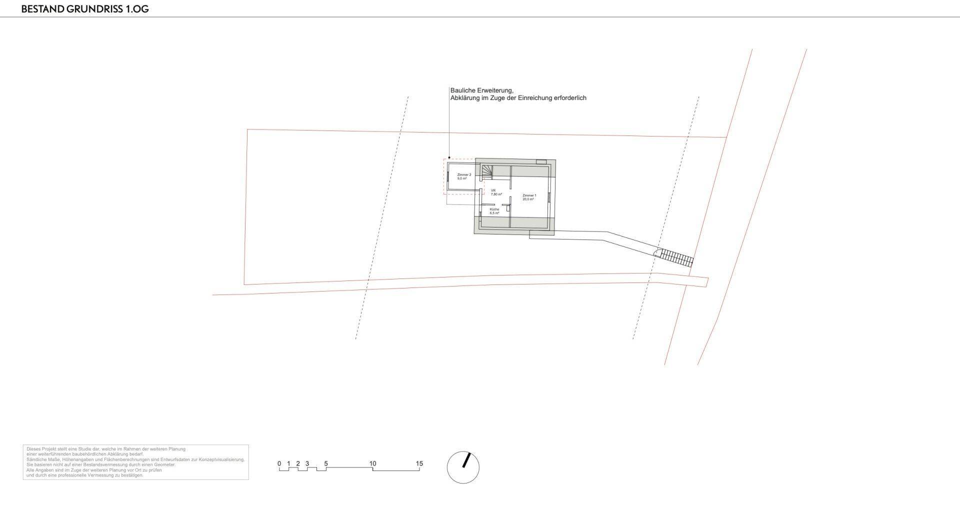 Grundriss des Obergeschosses mit zwei Zimmern und Hinweis auf mögliche Erweiterung.