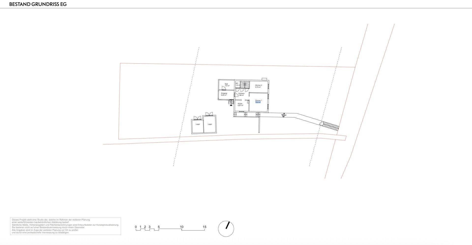 Grundriss des Erdgeschosses mit Eingang, Küche, Bad und zwei Zimmern.