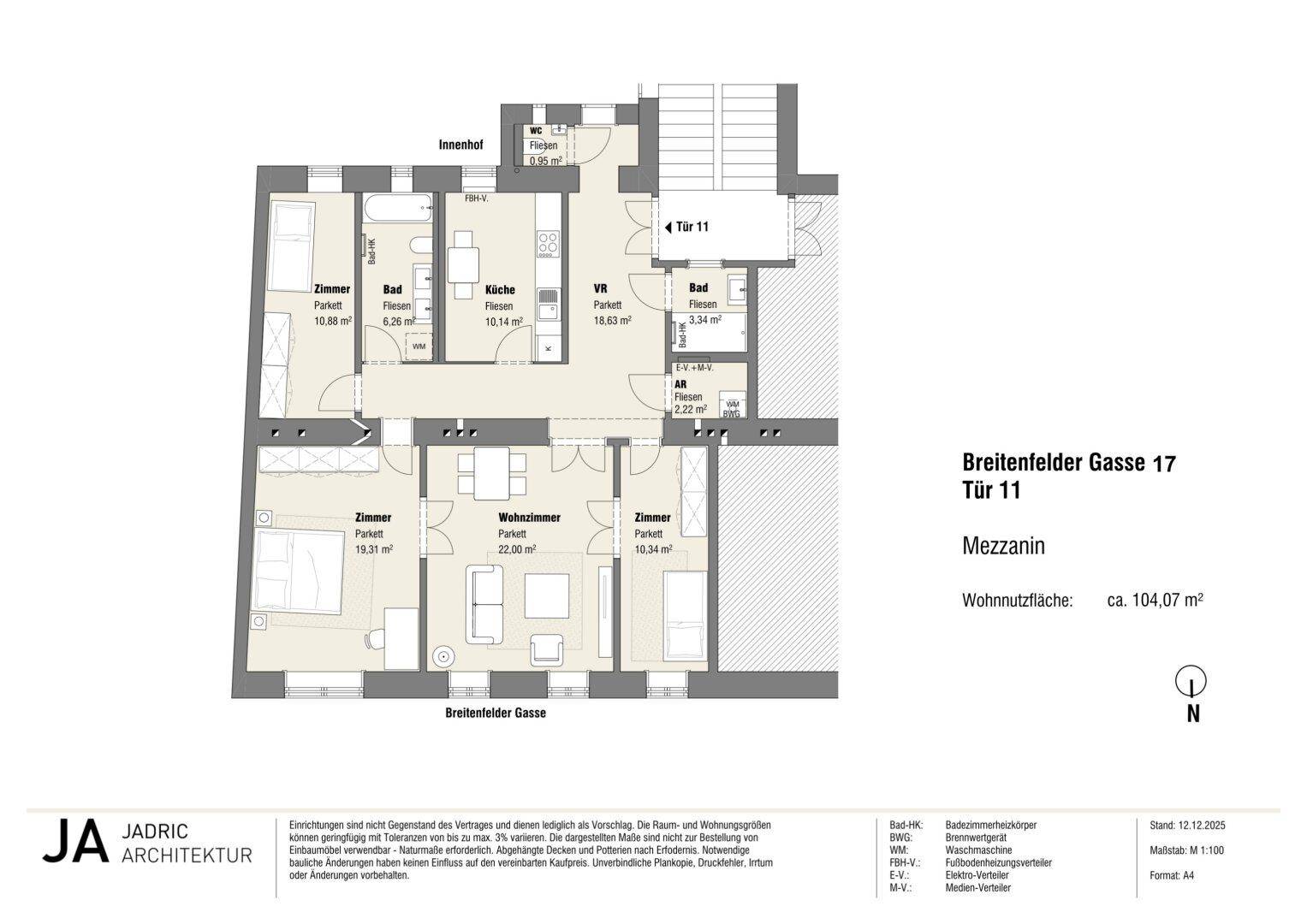 Grundrissplan einer Wohnung im Mezzanin mit zwei Bädern, separatem WC und einer Wohnnutzfläche von ca. 104,07 m².