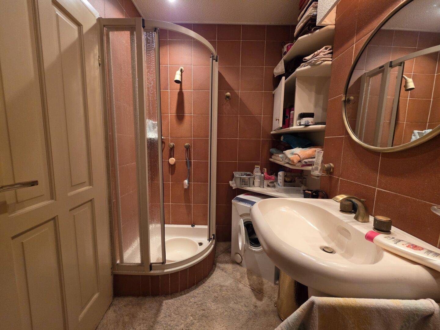 Badezimmer mit Terrakottafliesen, Dusche und Waschbecken, das eine funktionale Einrichtung bietet.