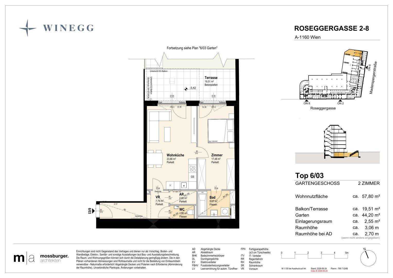 Grundriss einer 2-Zimmer-Wohnung mit offener Wohnküche, Bad, separatem WC, Terrasse und Garten.