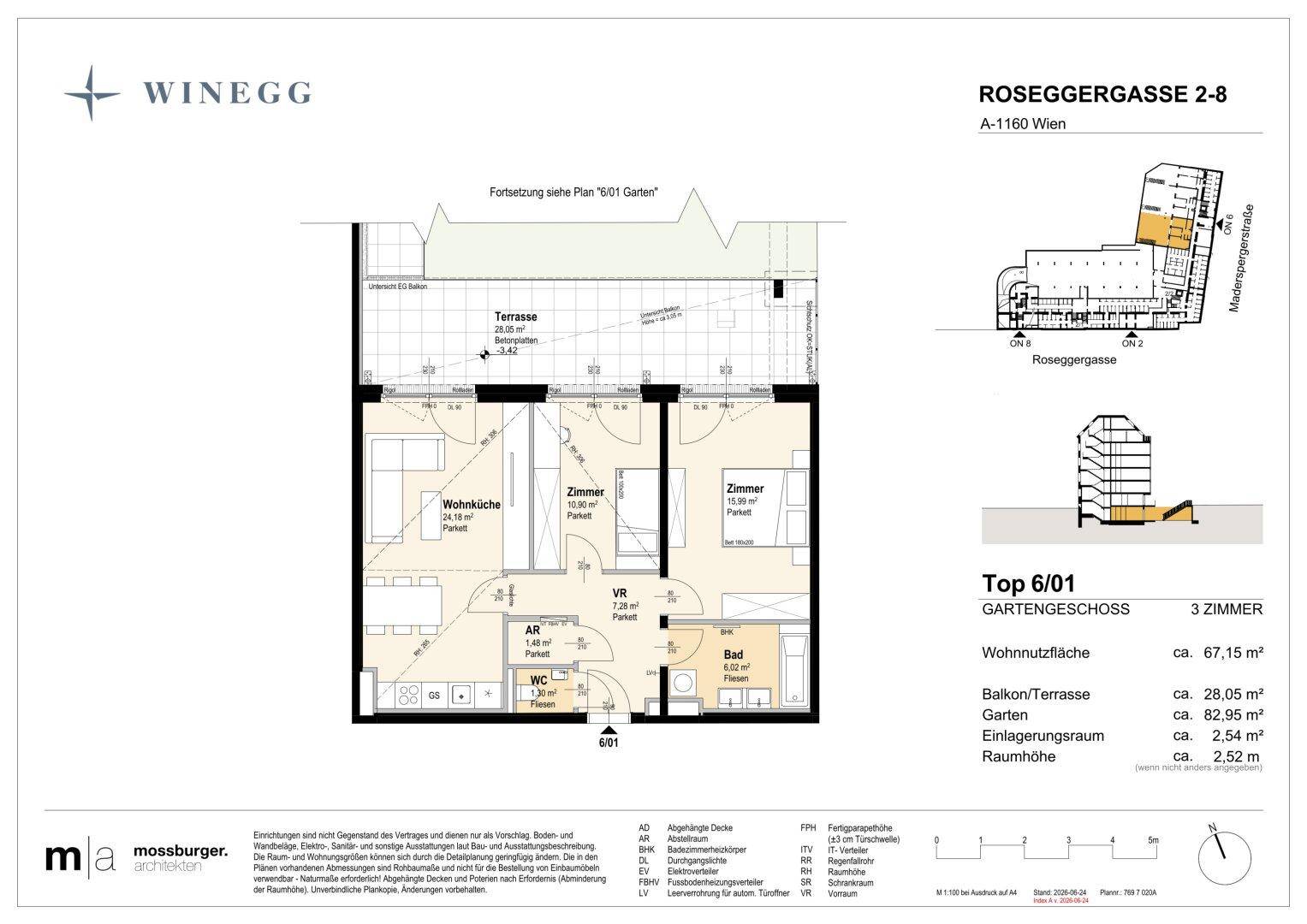 Grundriss einer Wohnung mit Wohnküche, zwei Zimmern, Bad, separatem WC, Abstellraum und einer Terrasse.