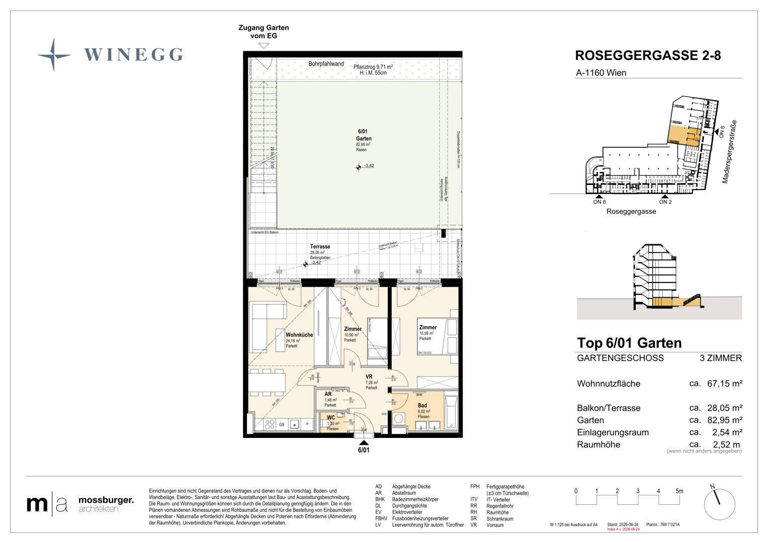 Erweiterter Grundriss einer Wohnung mit Wohnküche, zwei Zimmern, Bad, separatem WC, Abstellraum, Terrasse und großem Garten.