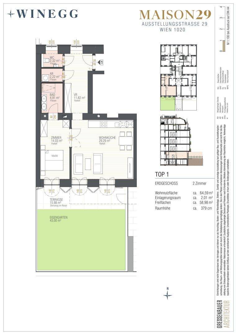 Grundriss einer Erdgeschosswohnung mit offener Wohnküche, Schlafzimmer, Bad, separatem WC, Terrasse und eigenem Garten.