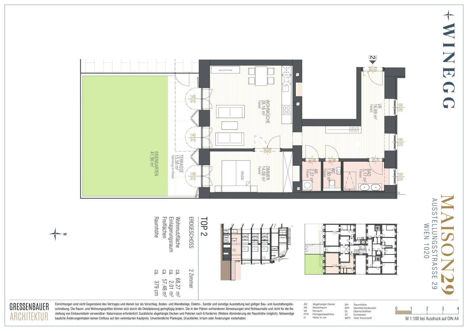 Grundriss einer Erdgeschosswohnung mit offenem Wohnbereich, Schlafzimmer, Bad, separatem WC, Terrasse und eigenem Garten.