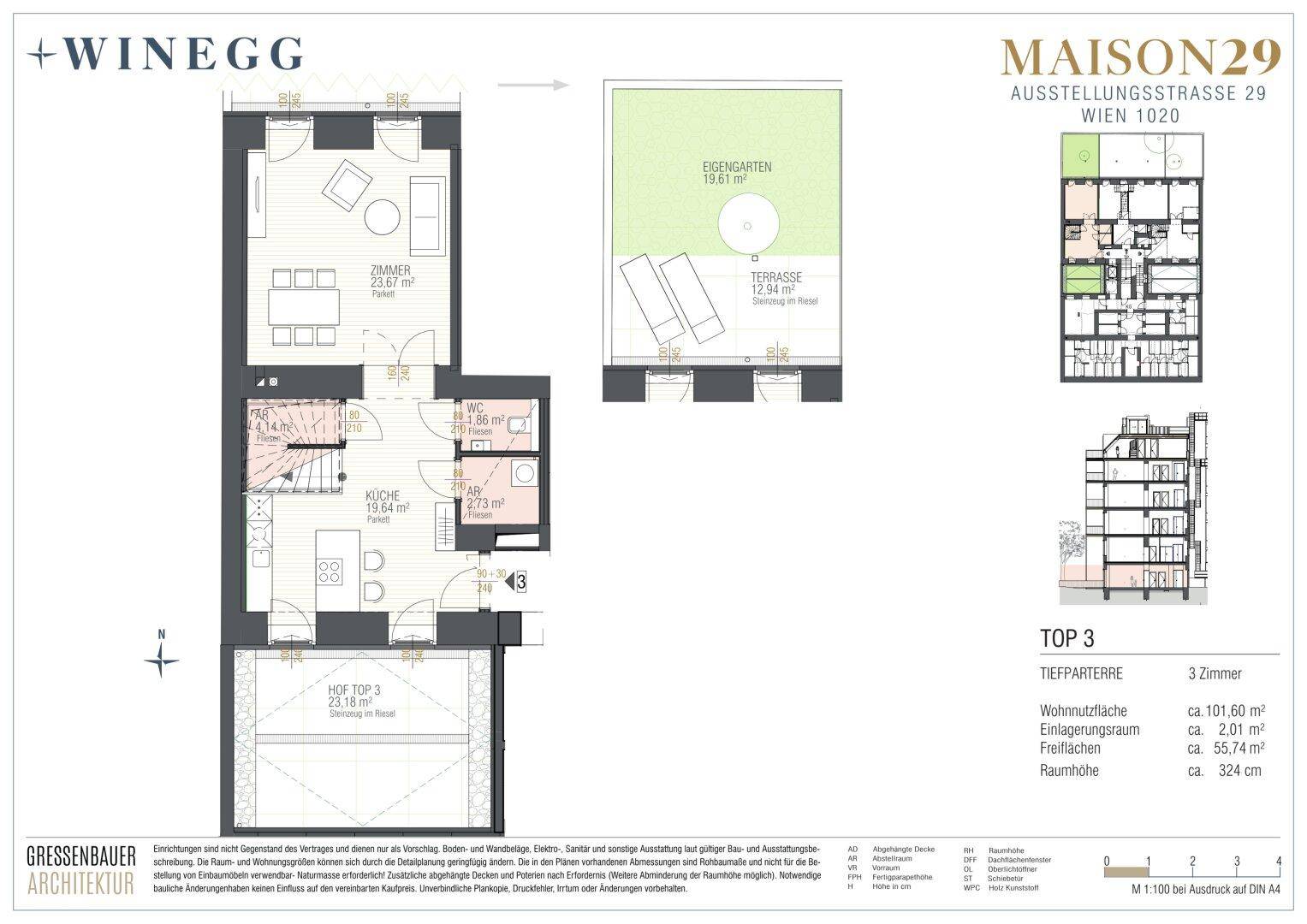 Grundriss des Erdgeschosses mit offenem Wohnbereich, Küche, Terrasse und privatem Garten.