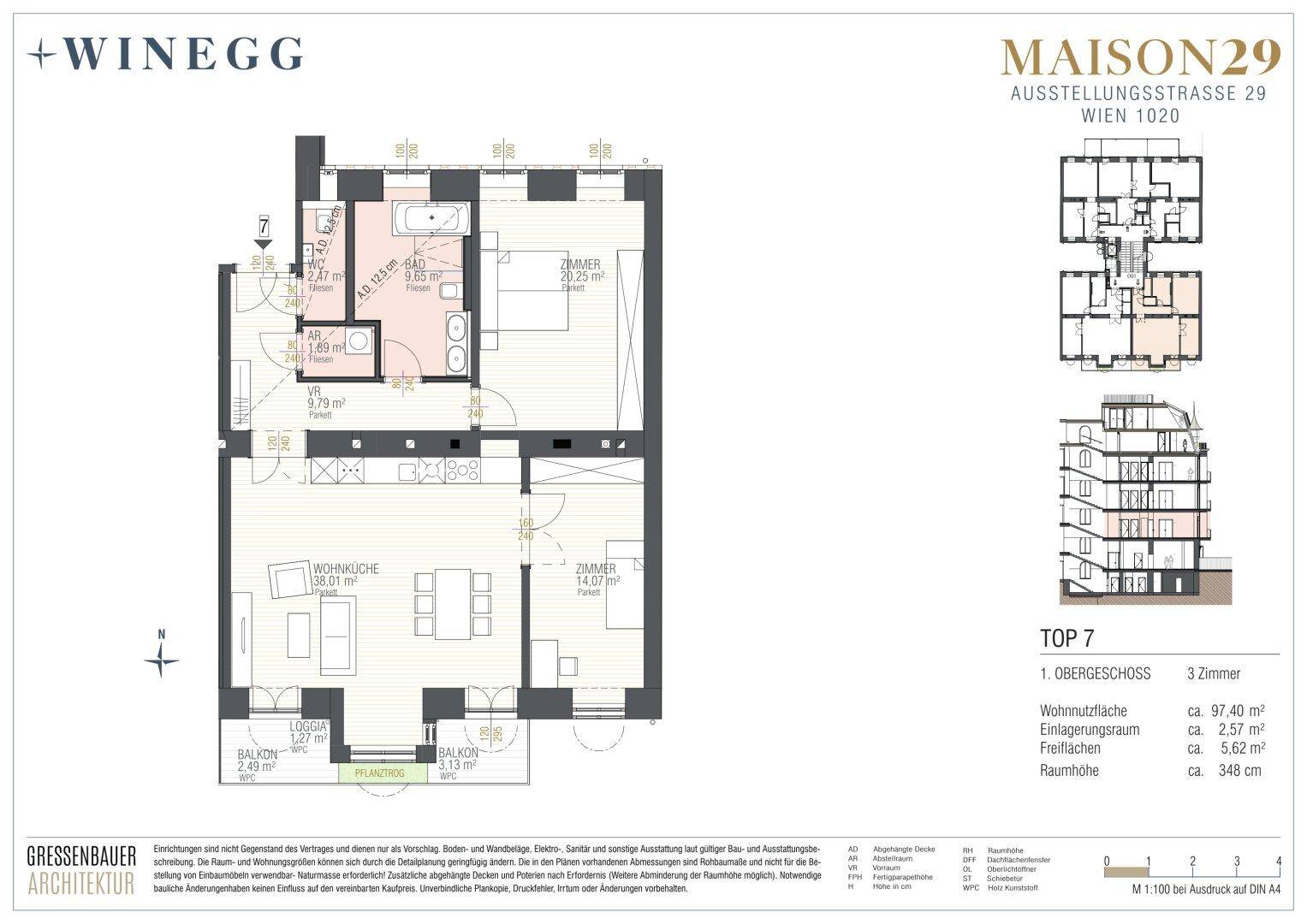 Grundriss einer modernen 3-Zimmer-Wohnung im ersten Obergeschoss mit offener Wohnküche, zwei Balkonen und Loggia.