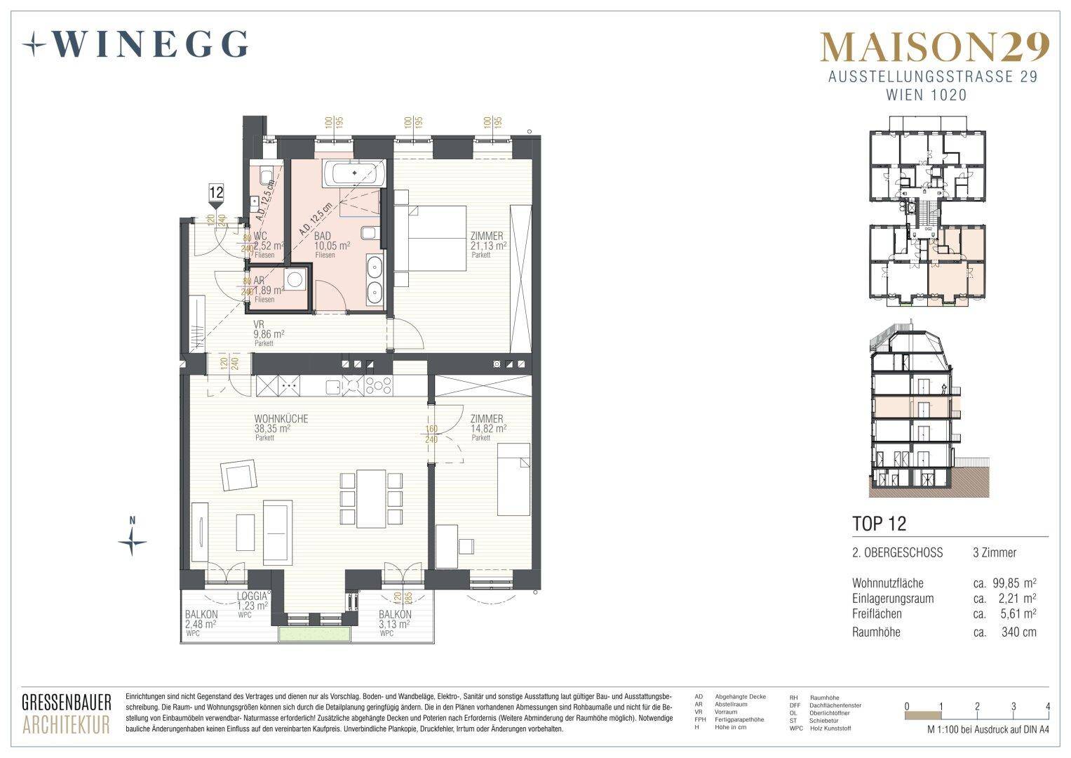 Detaillierter Grundriss einer modernen Wohnung mit offener Wohnküche, zwei Schlafzimmern, zwei Bädern, Loggia und Balkonen.