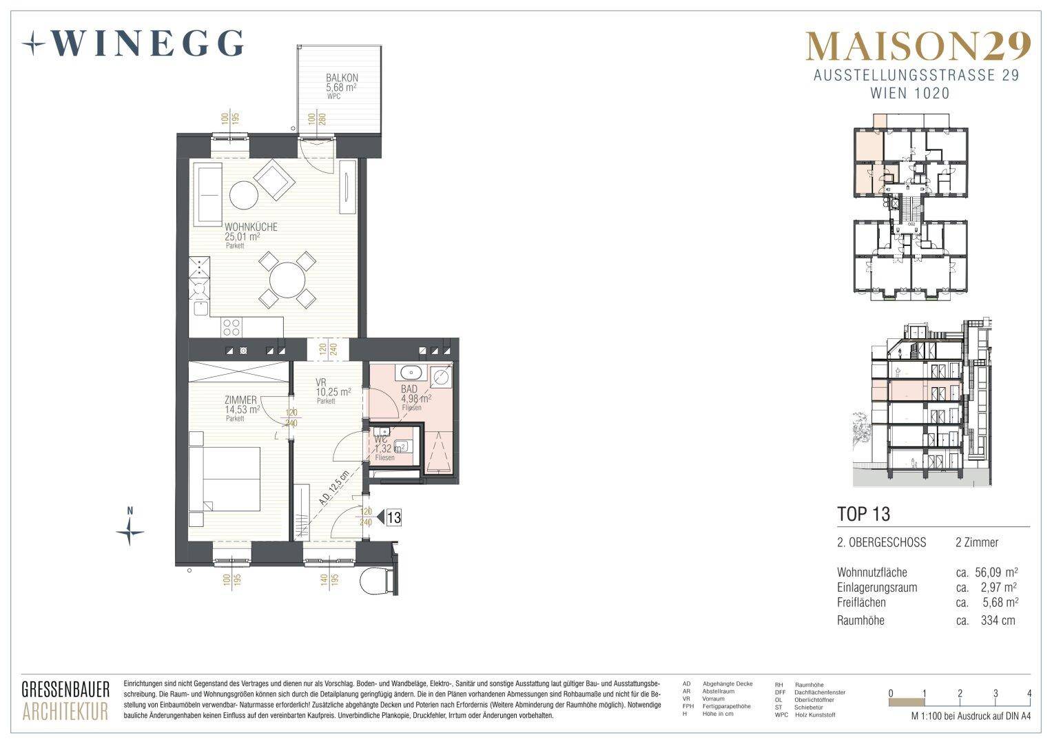 Detaillierter Grundriss einer modernen 2-Zimmer-Wohnung mit offener Wohnküche, Balkon und separatem WC.