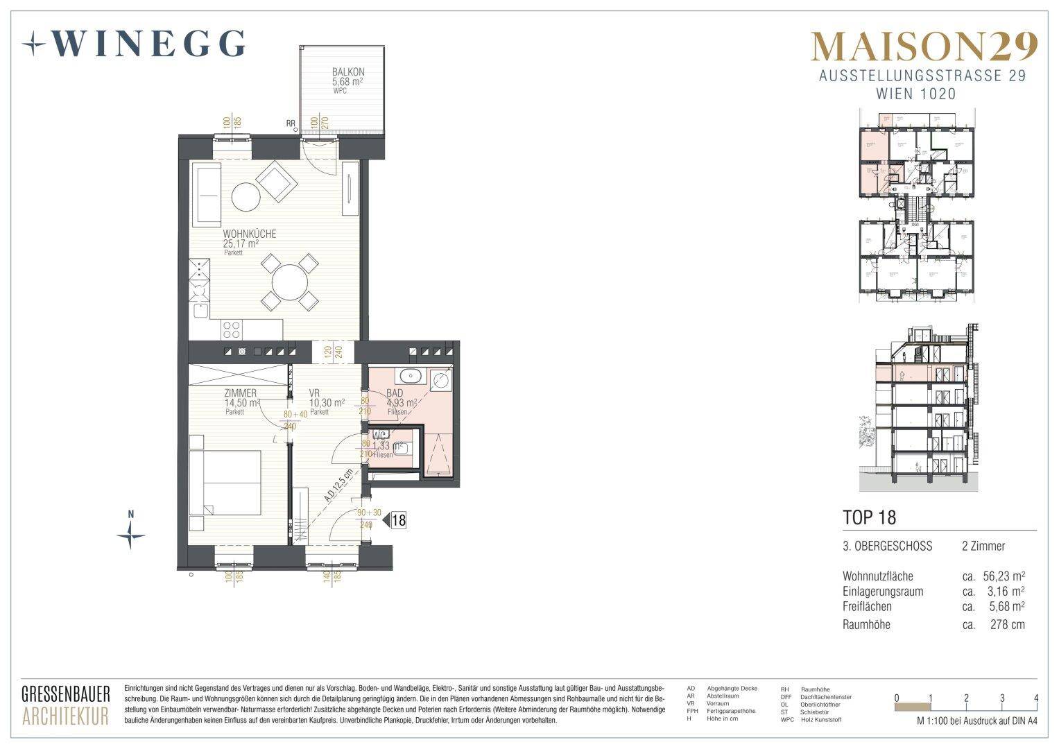 Detaillierter Grundriss einer modernen 2-Zimmer-Wohnung mit offener Wohnküche, Schlafzimmer und Balkon.
