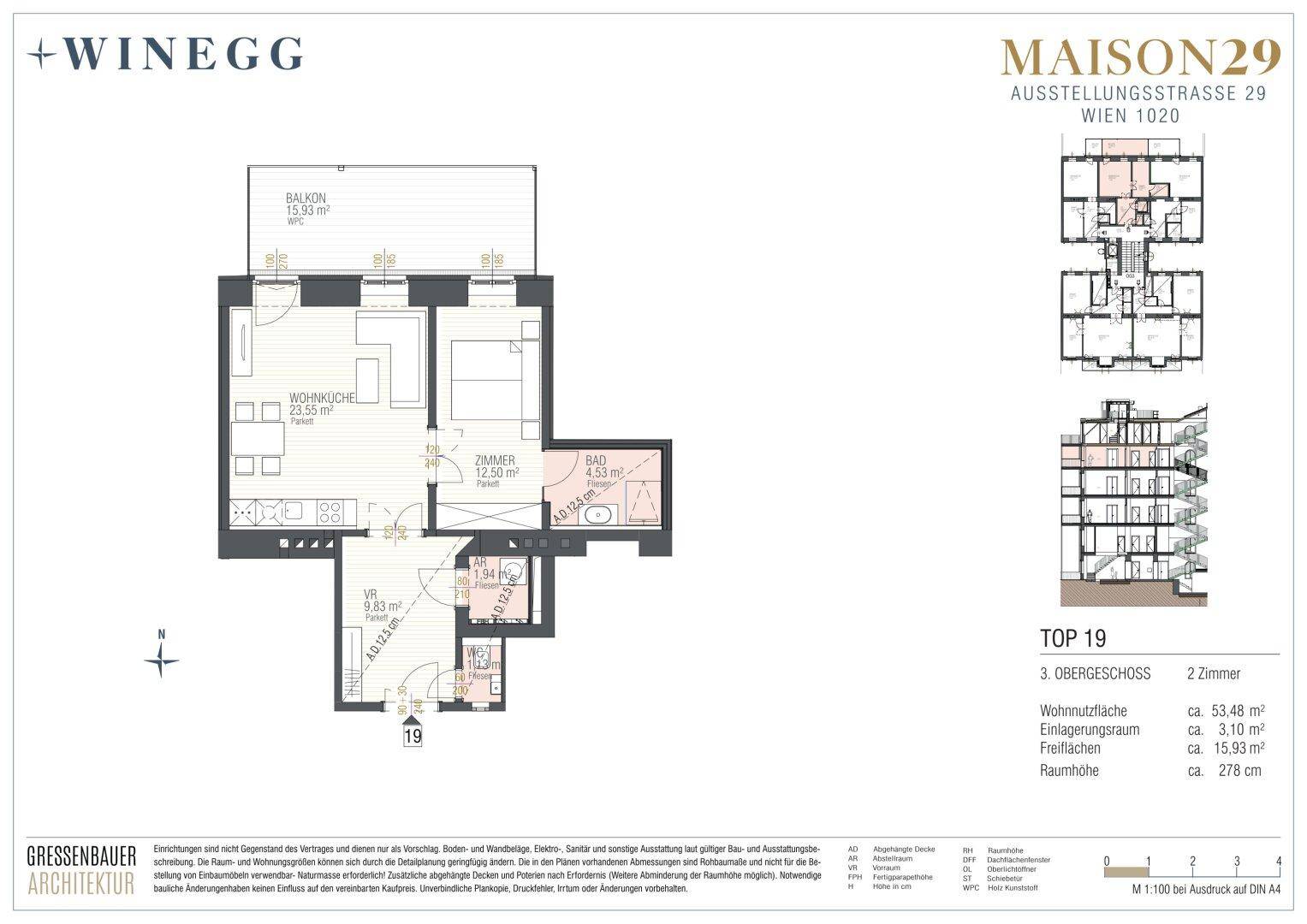 Grundriss der Wohnung TOP 19 im 3. Obergeschoss mit offener Wohnküche, Schlafzimmer, Bad und Balkon.