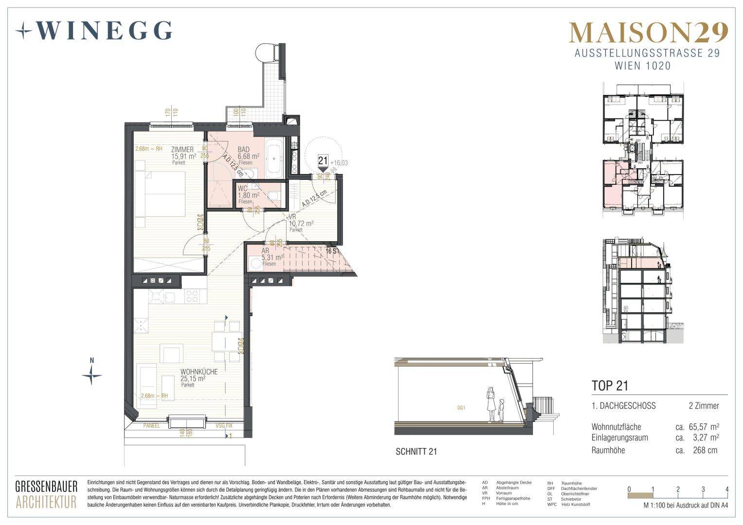 Grundriss einer Dachgeschoss-Maisonette mit offenem Wohnbereich, Schlafzimmer, Bad, separatem WC und Terrasse.