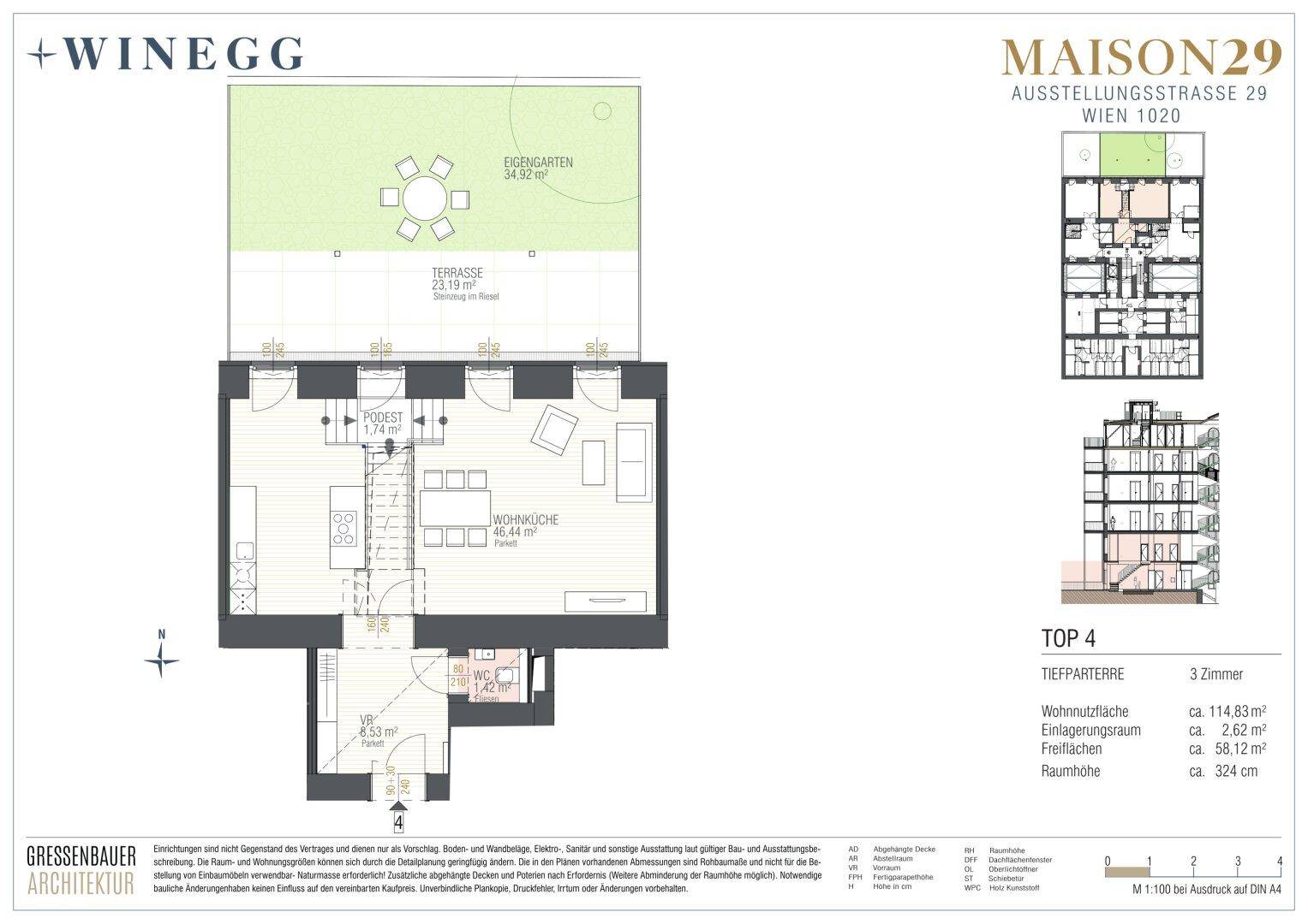 Grundriss des Erdgeschosses mit großem Wohn-Essbereich, offener Küche, separatem WC und weitläufiger Terrasse mit Garten.