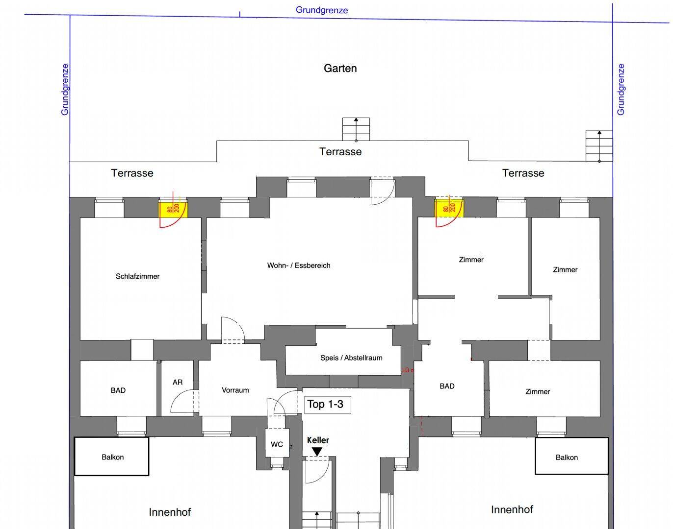 Grundriss einer Wohneinheit mit Wohn-Essbereich, Schlafzimmern, Terrasse und Balkonen.