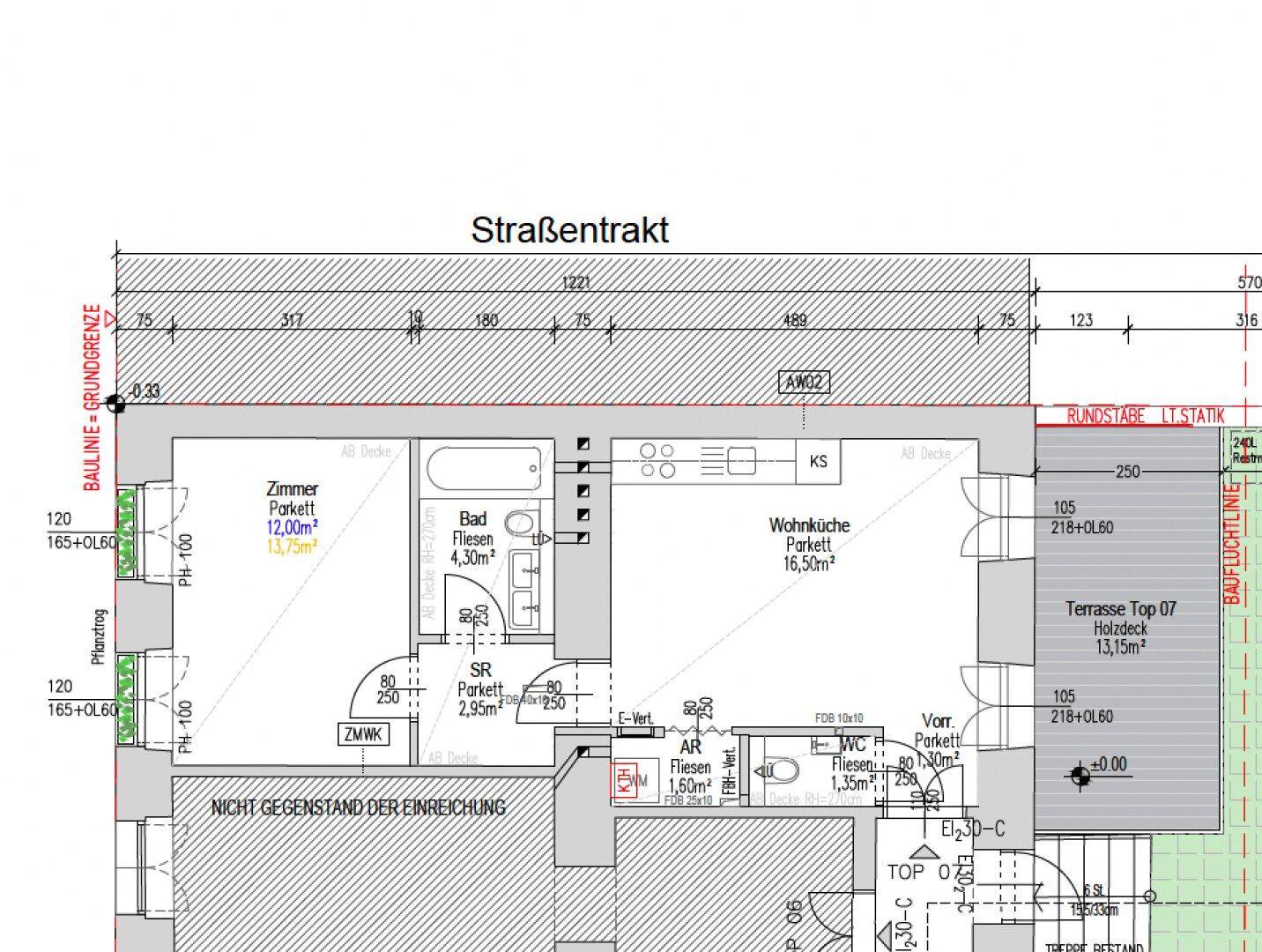 Detaillierter Grundriss einer Wohnung mit Wohnküche, Bad, Zimmer und Terrasse.