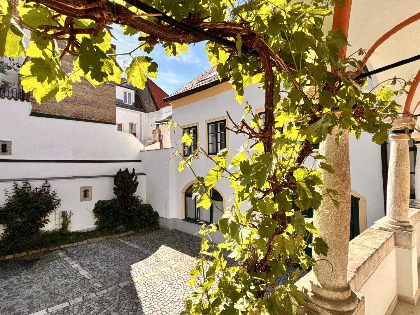 Blick von einer Loggia in einen gepflasterten Innenhof, umgeben von Gebäuden und Rankpflanzen.