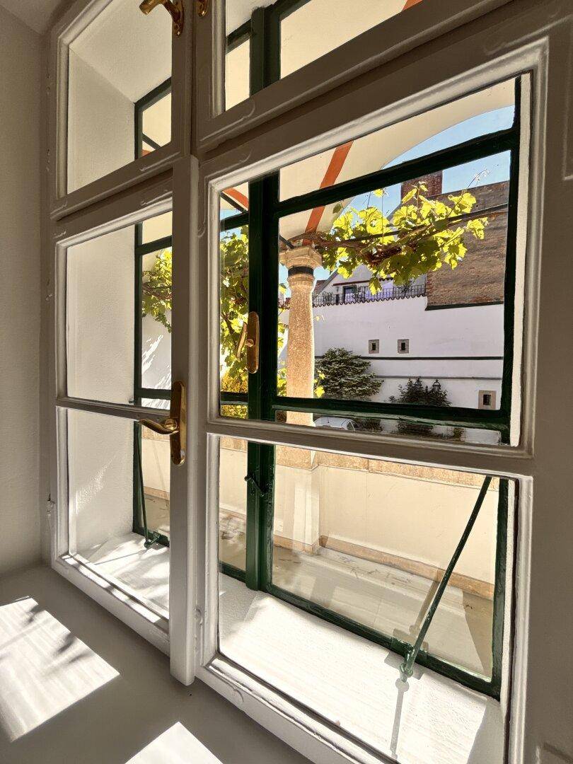 Nahaufnahme eines Fensters mit Blick auf eine Loggia und grüne Rankpflanzen im Sonnenlicht.