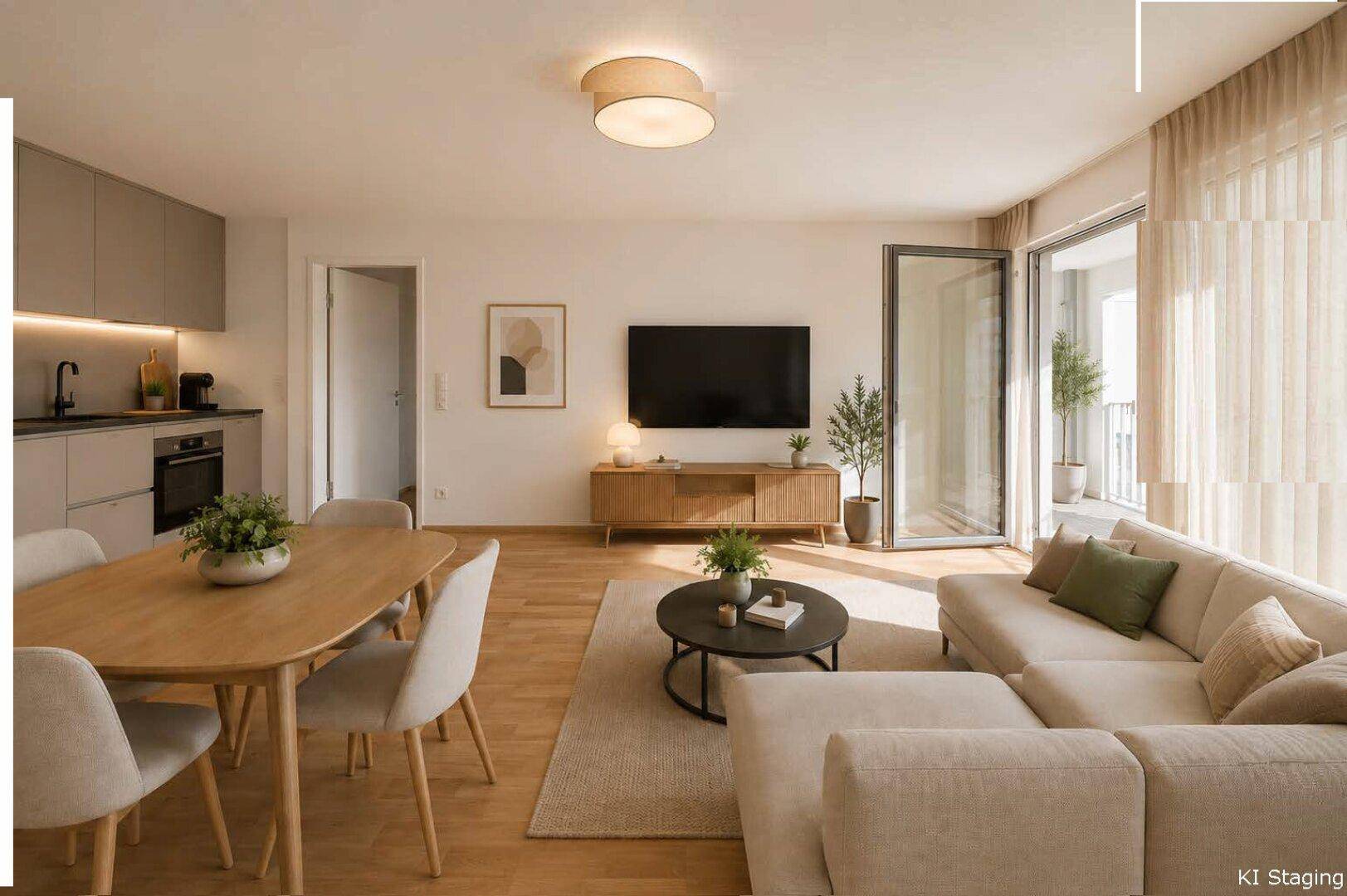 Offener Wohn-Essbereich mit integrierter Küche, Holzboden und Zugang zum Balkon.