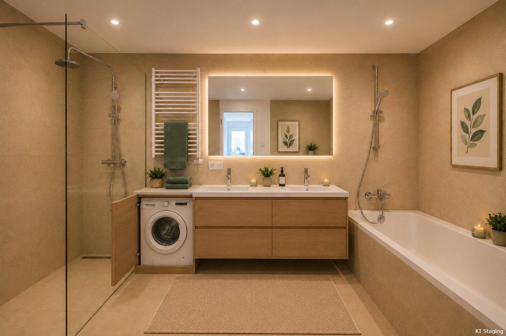Modernes Badezimmer mit Doppelwaschbecken, Badewanne, begehbarer Dusche und integrierter Waschmaschine.