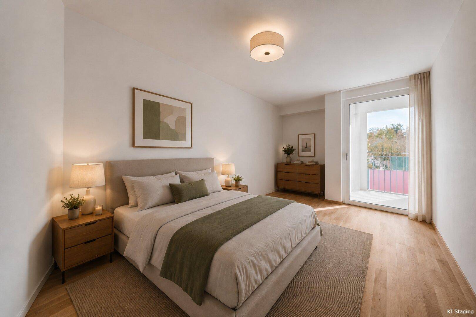 Geräumiges Schlafzimmer mit Holzboden, Doppelbett und Zugang zu einem Balkon.