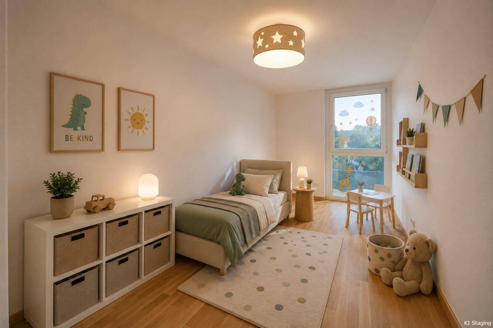 Freundliches Kinderzimmer mit Holzboden, Einzelbett und spielerischer Dekoration.