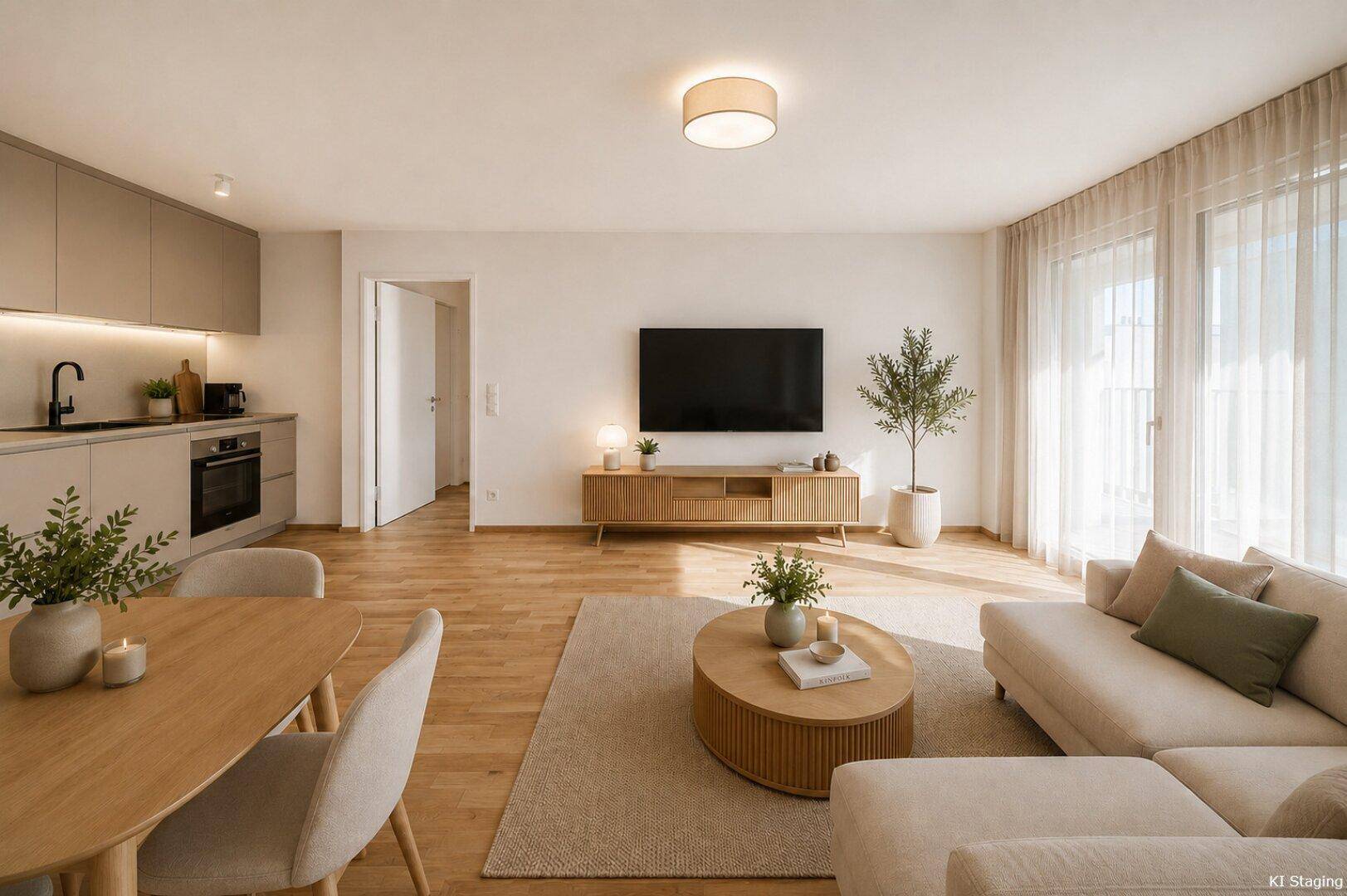 Offener Wohn-Essbereich mit integrierter Küche, Holzboden und modernen Möbeln.