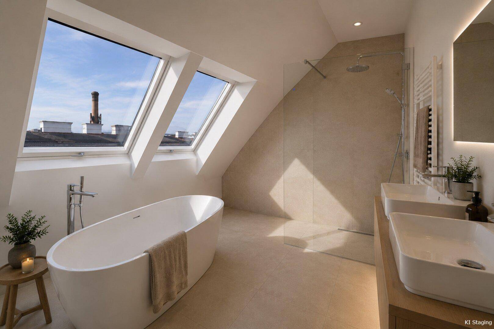 Modernes Badezimmer mit freistehender Badewanne, doppelten Waschbecken und Dachfenstern.