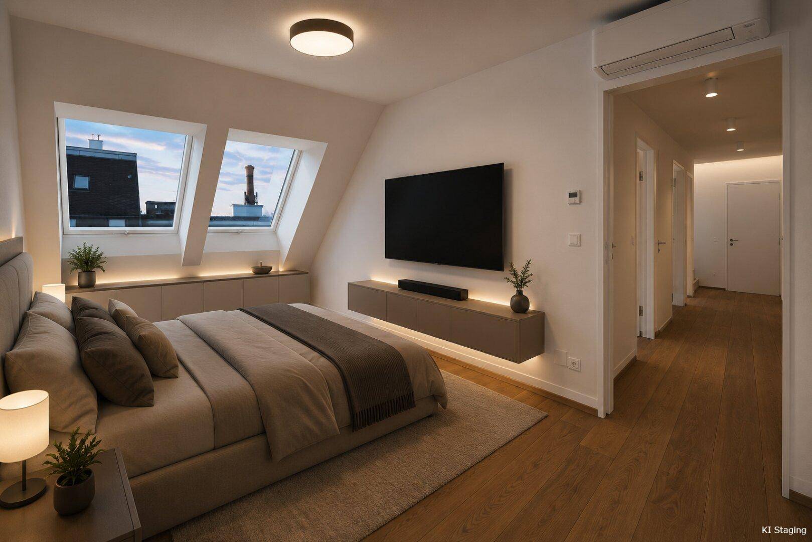 Helles Schlafzimmer mit Holzboden, Dachfenstern und integrierter Klimaanlage für angenehme Nächte.