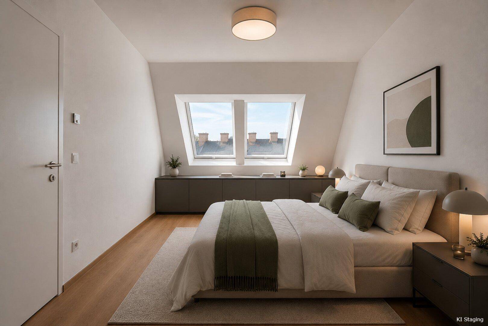 Modernes Schlafzimmer im Dachgeschoss mit bequemen Bett, dunklen Möbeln und zwei großen Dachfenstern.