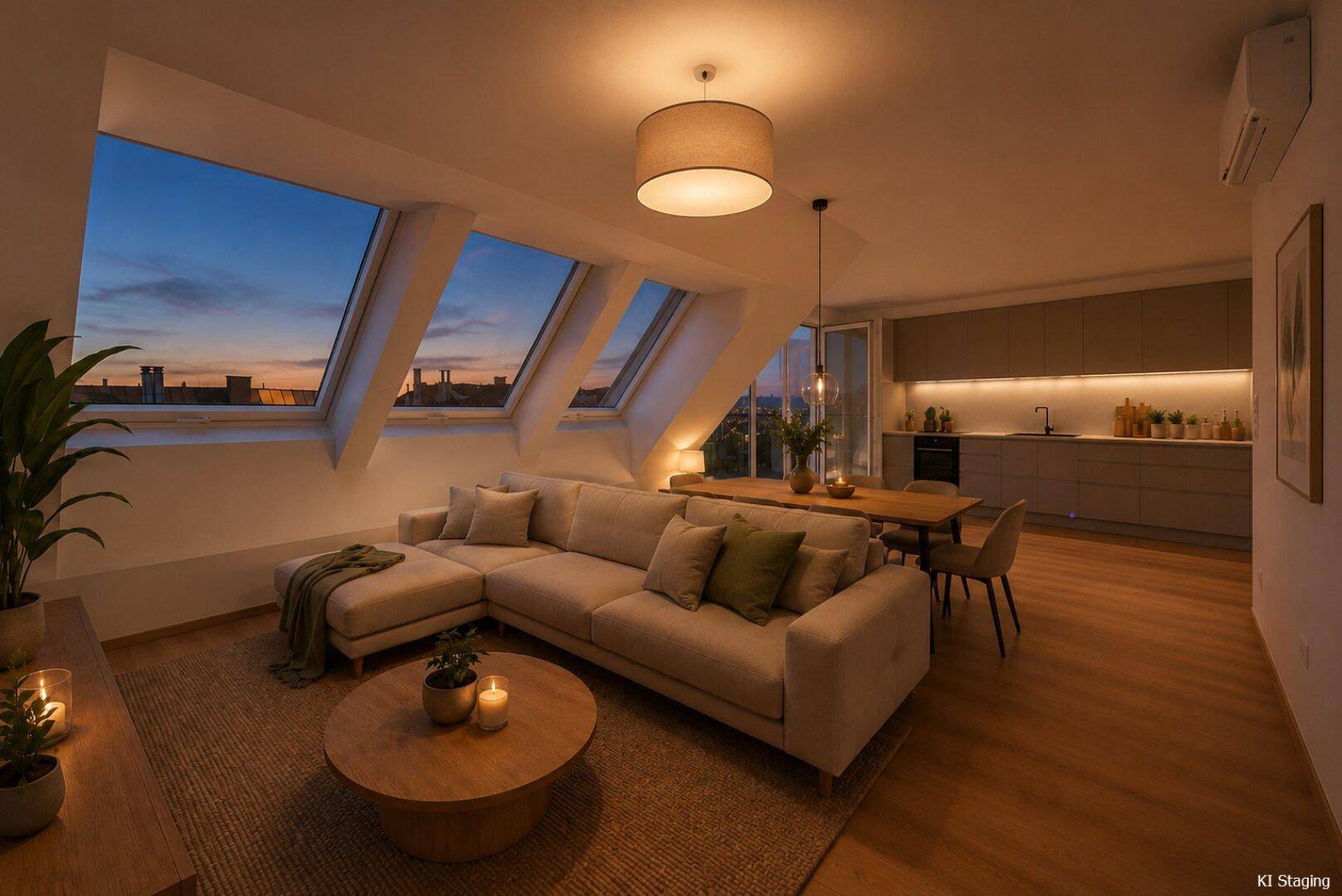 Gemütlicher Wohn-Essbereich im Dachgeschoss bei Abenddämmerung mit stimmungsvoller Beleuchtung und Stadtblick.