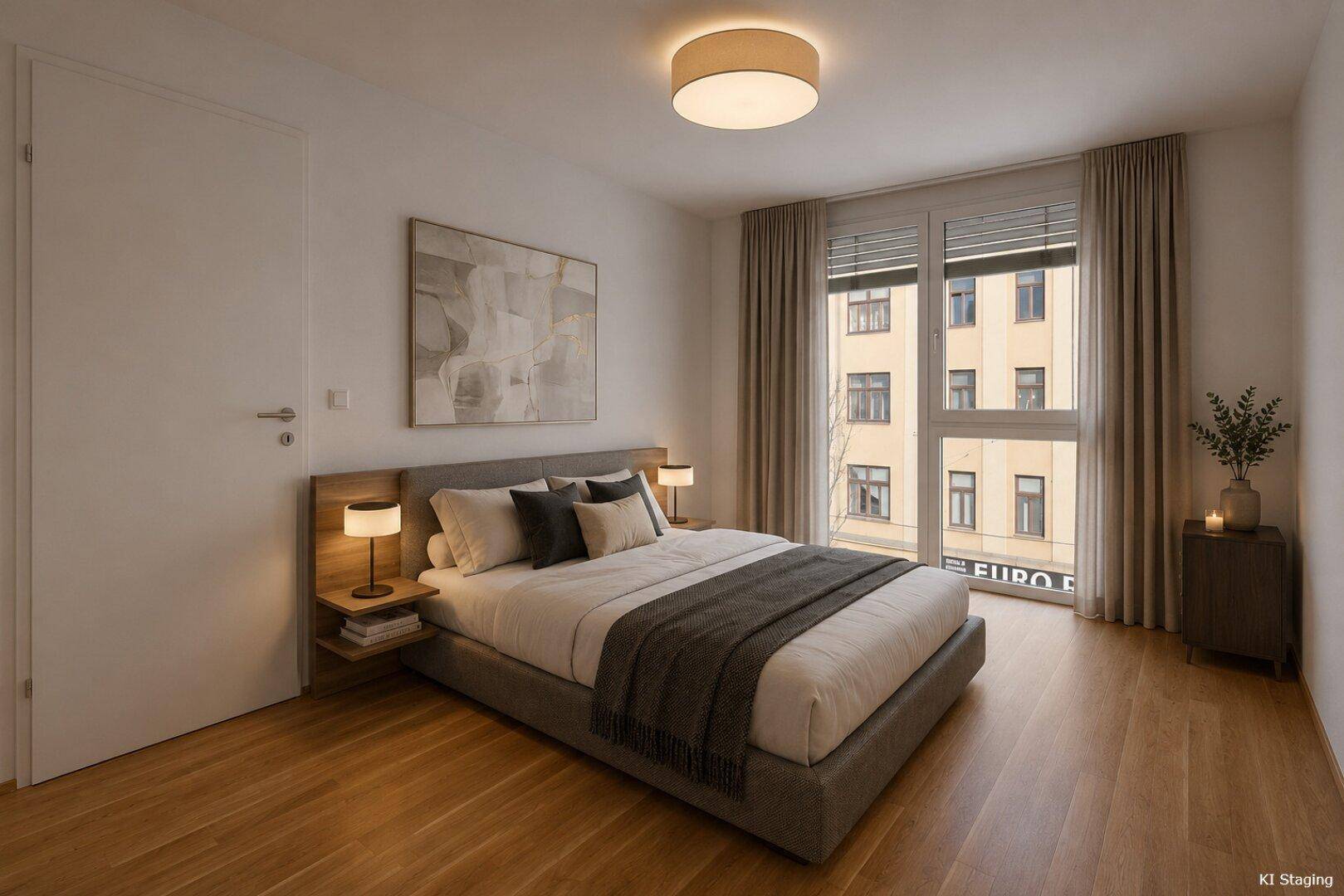 Helles Schlafzimmer mit Holzboden, großem Doppelbett und einem weiten Blick auf die umliegende Stadt.