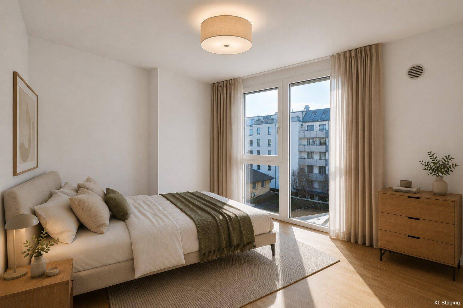 Helles Schlafzimmer mit großem Fenster, Holzboden und Blick auf die Stadt.