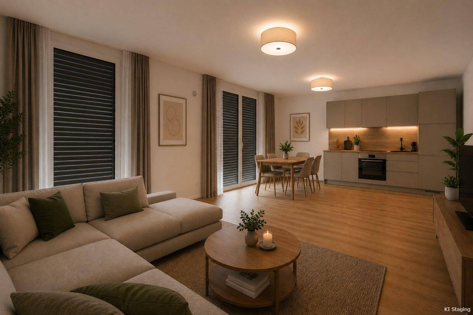 Offener Wohn- und Essbereich mit integrierter Küche, modernem Sofa und Holzboden.