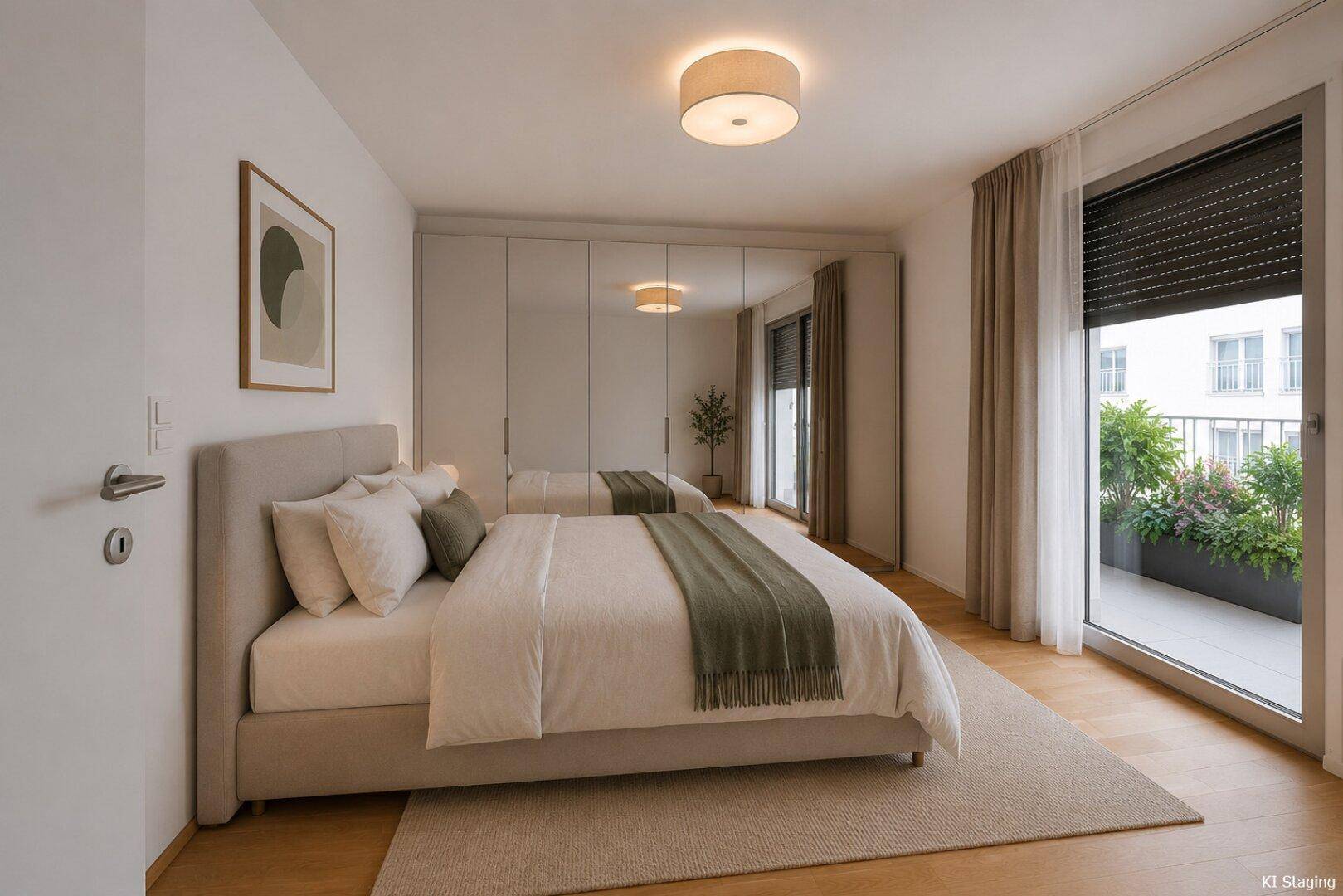 Helles Schlafzimmer mit Doppelbett, Einbauschränken und Zugang zu einem kleinen Balkon.