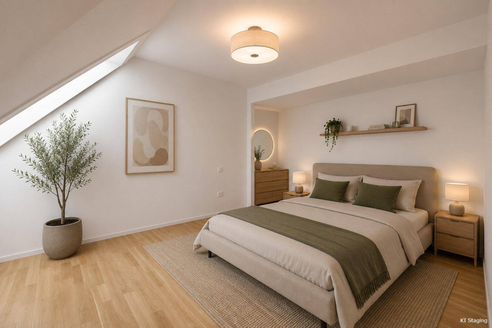 Gemütliches Schlafzimmer im Dachgeschoss mit viel Tageslicht, Holzboden und moderner Einrichtung.