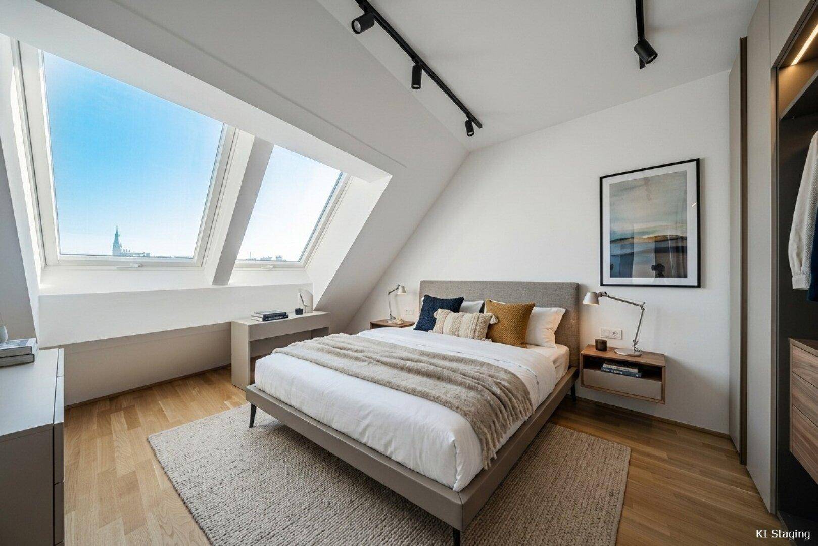 Gemütliches Schlafzimmer im Dachgeschoss mit großen Dachfenstern und Blick auf die Stadt.