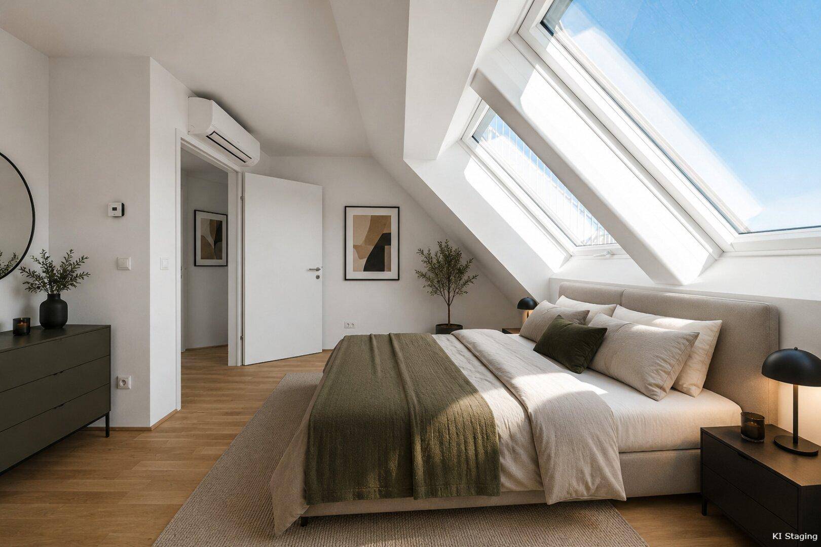 Helles Schlafzimmer im Dachgeschoss mit großen Dachfenstern, Holzboden und moderner Einrichtung.