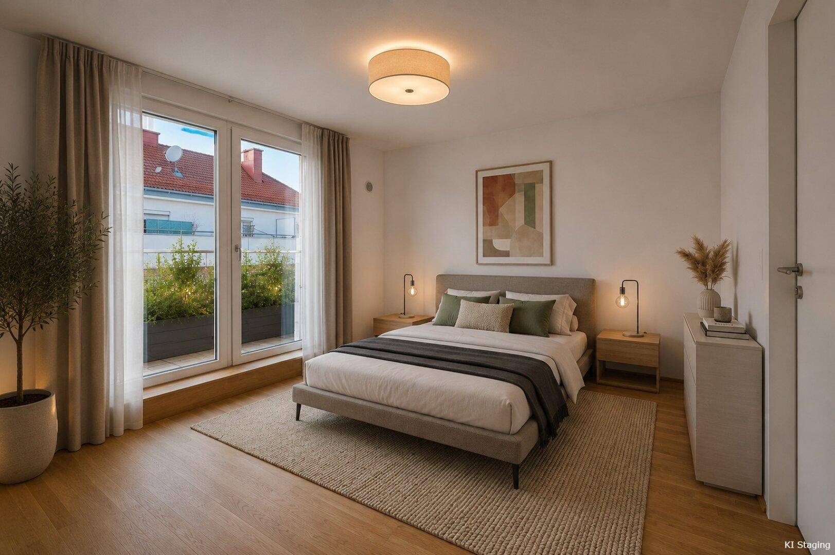 Helles Schlafzimmer mit direktem Zugang zum Balkon, Holzboden und moderner Einrichtung.