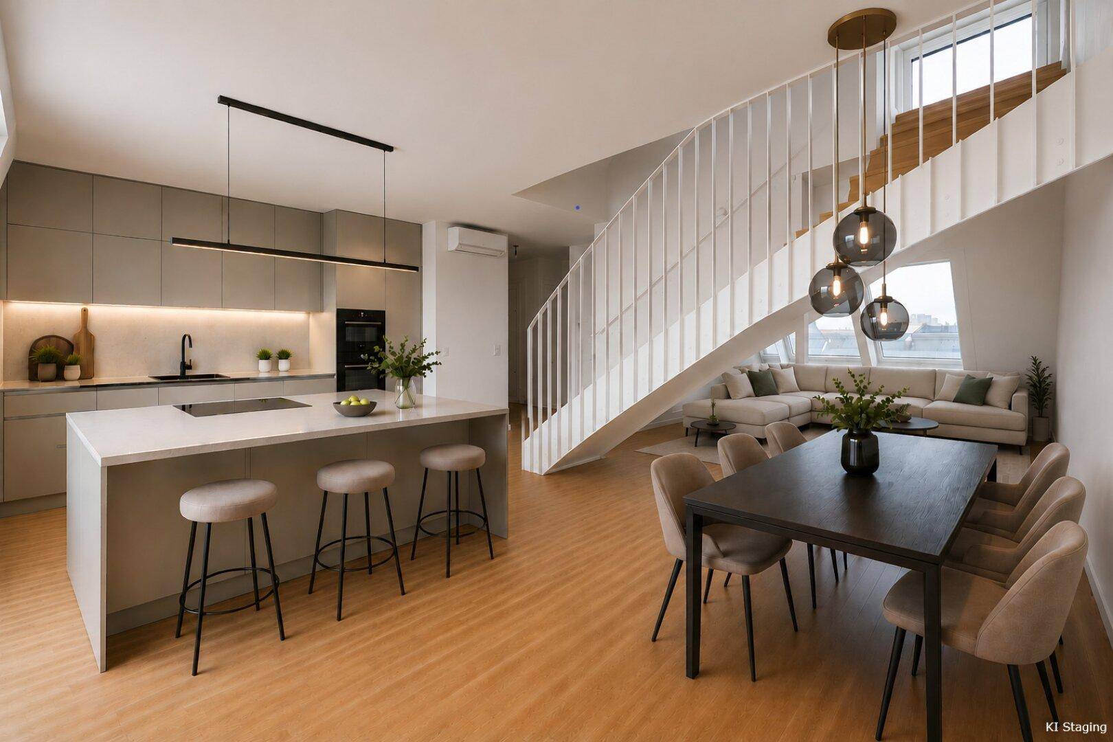 Moderner offener Wohn- und Essbereich mit integrierter Küche und eleganter Treppe unter Dachfenstern.