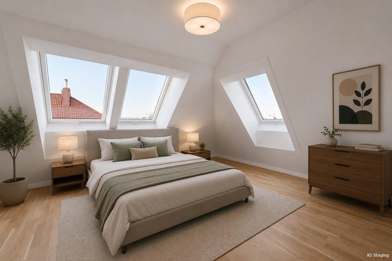 Helles Schlafzimmer mit großen Dachfenstern, Holzboden und modernem Mobiliar unter Dachschrägen.