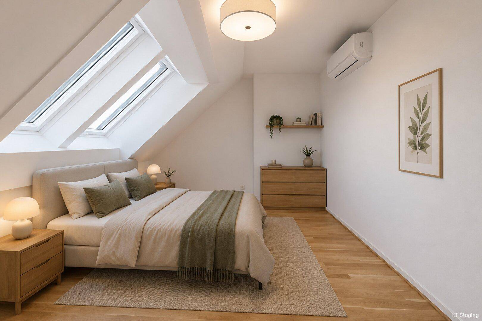 Gemütliches Schlafzimmer mit Dachschrägen, Holzboden und Klimaanlage für angenehmes Raumklima.
