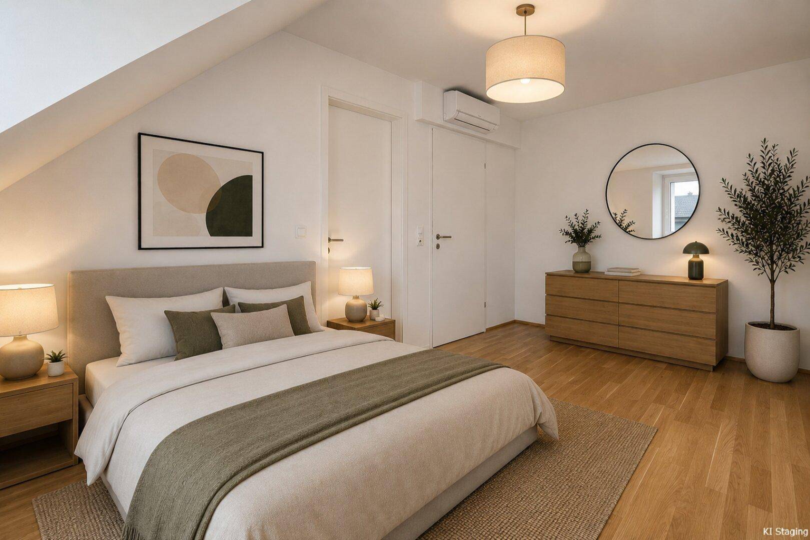 Helles Schlafzimmer mit Dachschräge, Holzboden und moderner Einrichtung, inklusive Klimaanlage.