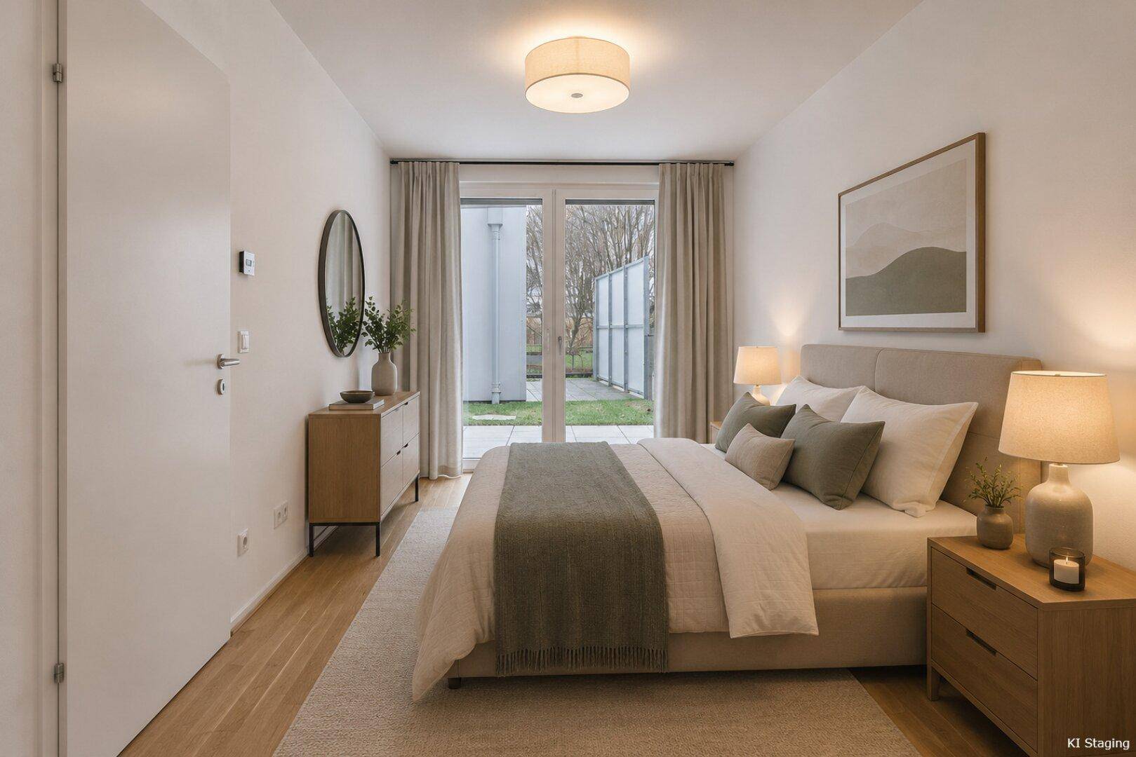 Helles Schlafzimmer mit Zugang zum Garten, Holzboden und moderner Einrichtung.