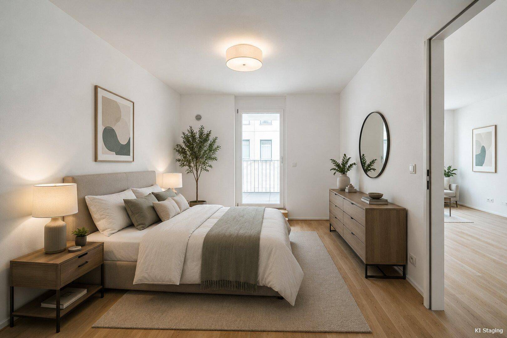 Modern eingerichtetes Schlafzimmer mit Holzboden, großem Bett und Zugang zu einem französischen Balkon.