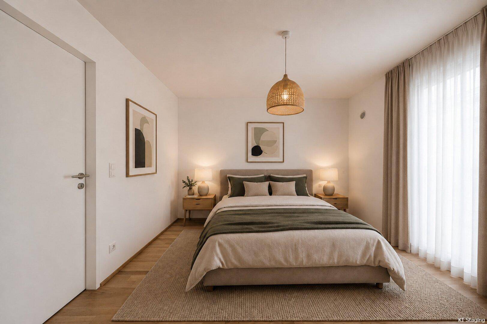 Gemütliches Schlafzimmer mit Doppelbett, Nachttischen und moderner Dekoration in hellen Tönen.