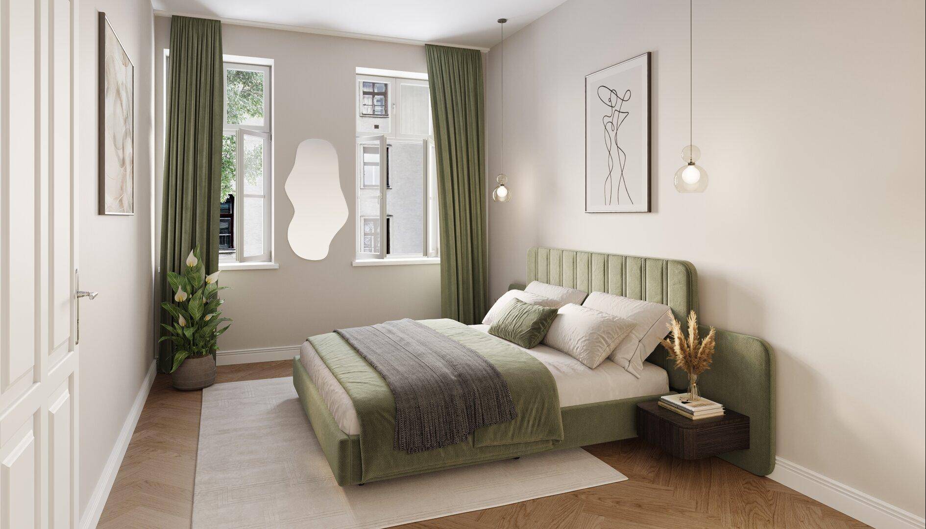 Gemütliches Schlafzimmer mit grünem Polsterbett, Fischgrätparkett und hohen Fenstern für natürliche Beleuchtung.